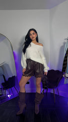 Pantaloncino ecopelle e pizzo marrone